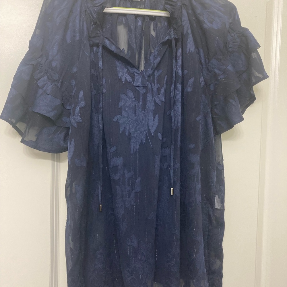 Chico's Blue Flutter Sleeve Ruffled Blouse